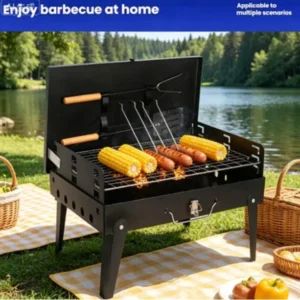 Portable Charcoal Grill - Foldable Steel BBQ Equipment with Pull-Out Ash Tray, Spatula, Fork, Lightweight Cookout-Ready Camping Gear for Road Trips, Campfire BBQ Parties, Picnic, Grills, Barbecue, Portable Outdoor Bbq