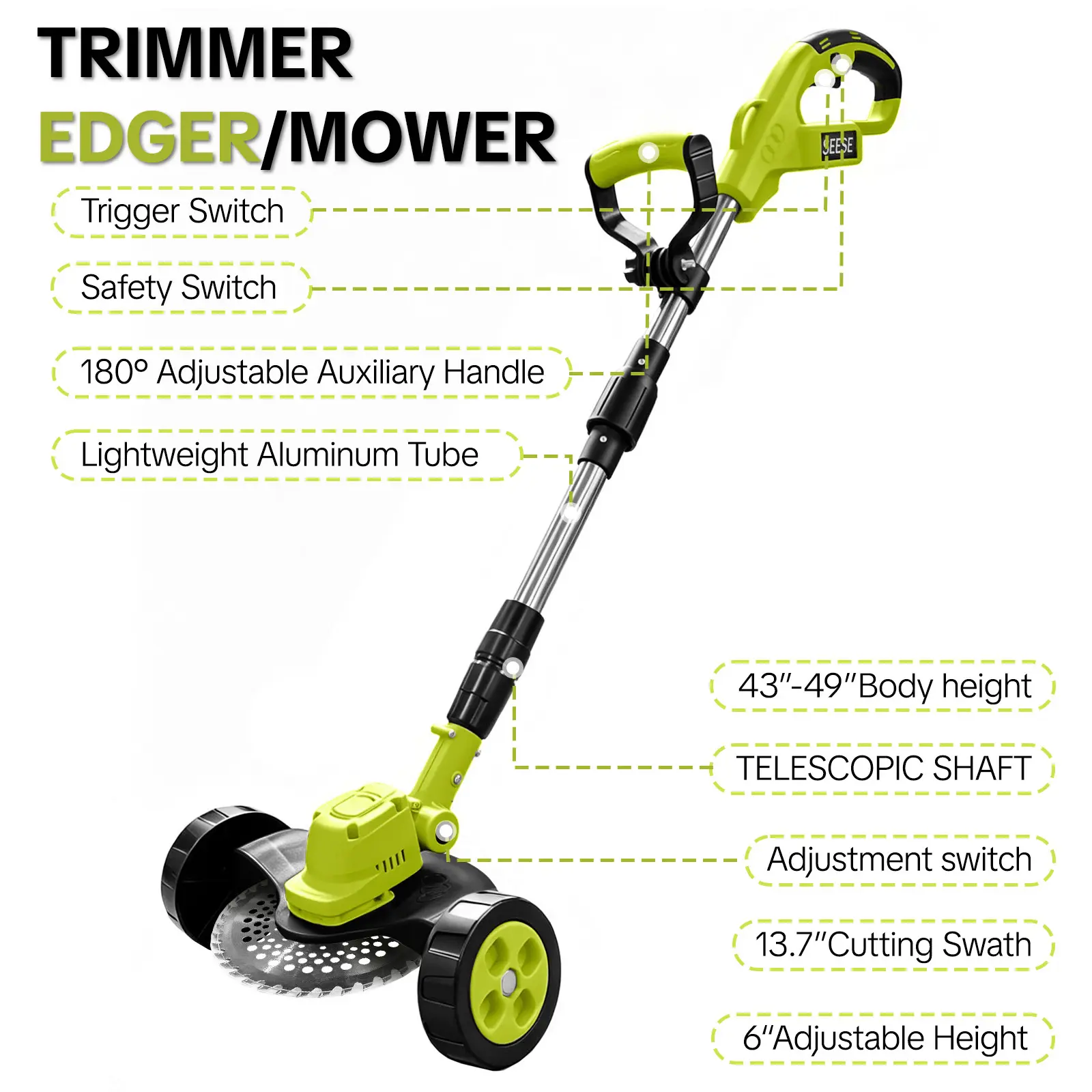 SEESE 3-in-1 Cordless Lawn Mower | 21V Battery Kit β Trimmer, Edger & Mower Combo, Lightweight for Small to Medium Yards - Image 4