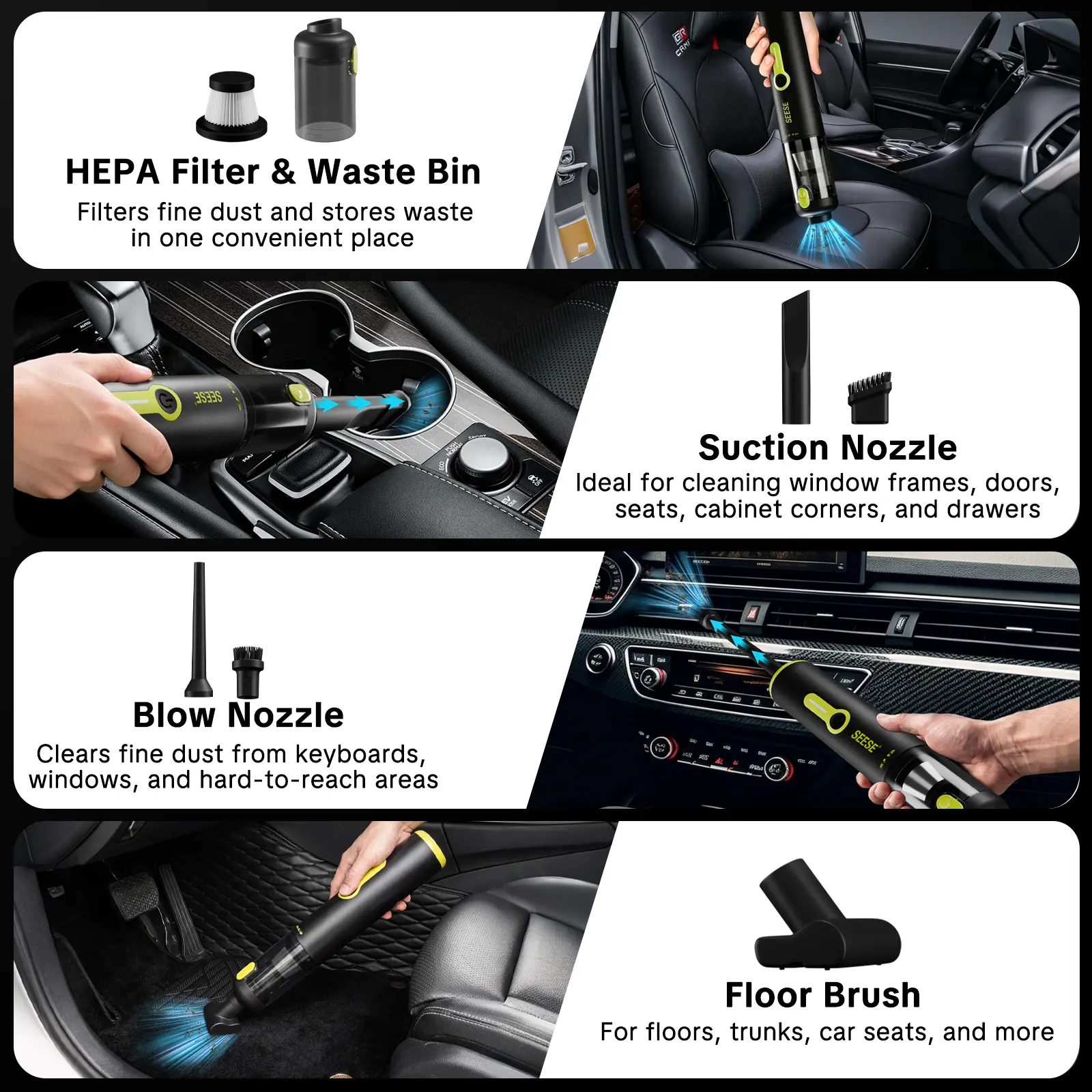 SEESE Car Vacuum Portable Cordless, 20000Pa 2 in 1 Vacuum Cleaner&Air Duster, 100W Brushless Motor Handheld Vacuum Cordless with 6000mAh Battery, Multi-Nozzles for Car, Home, Office, Pet - Image 5