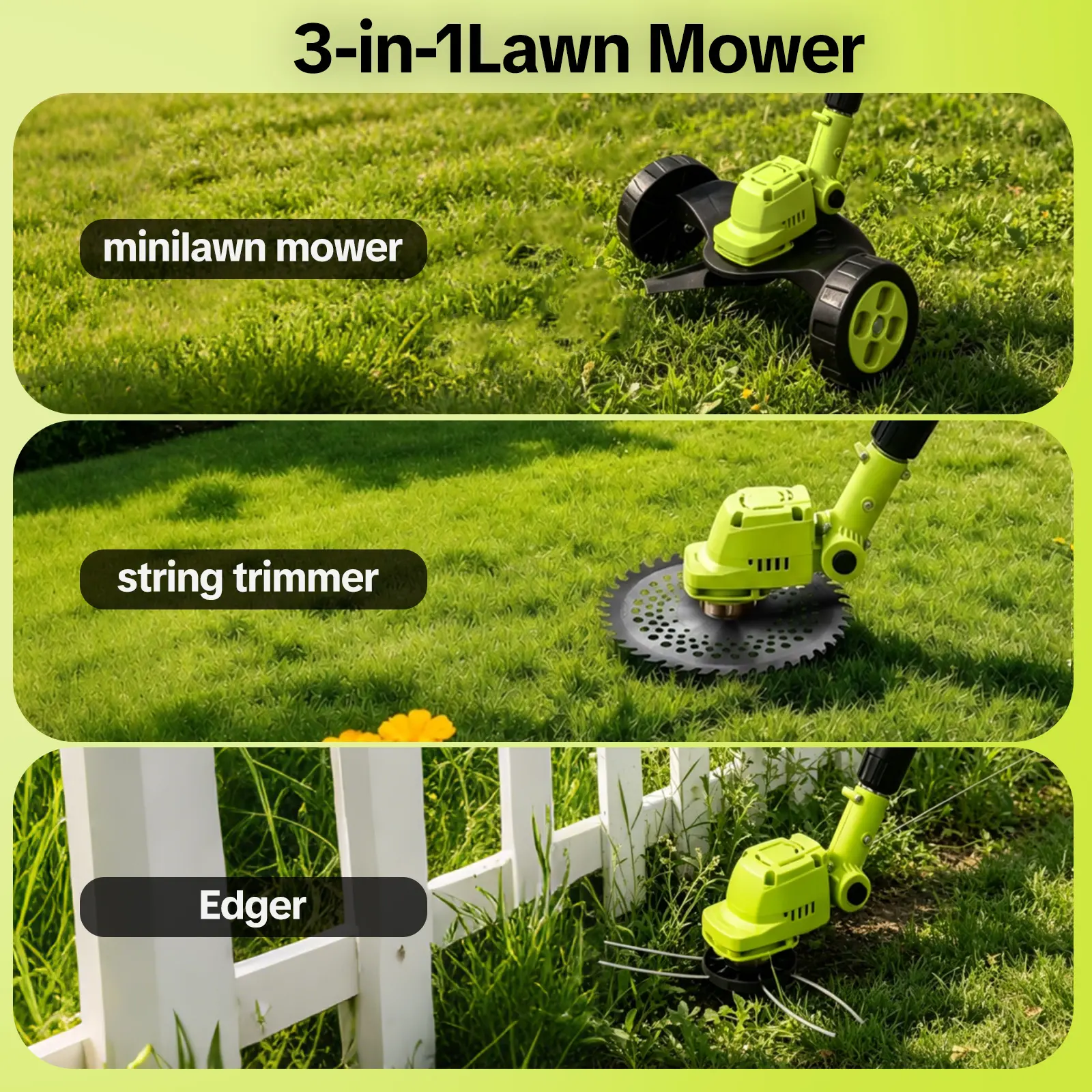 SEESE 3-in-1 Cordless Lawn Mower | 21V Battery Kit β Trimmer, Edger & Mower Combo, Lightweight for Small to Medium Yards - Image 5